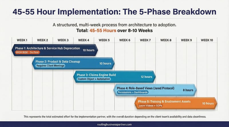 Zuper HubSpot implementation timeline - 45-55 hours over 8-10 weeks, 5-phase Gantt chart