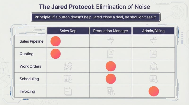 Role-based CRM access matrix - Jared Protocol for sales, production, admin, and coordinator views