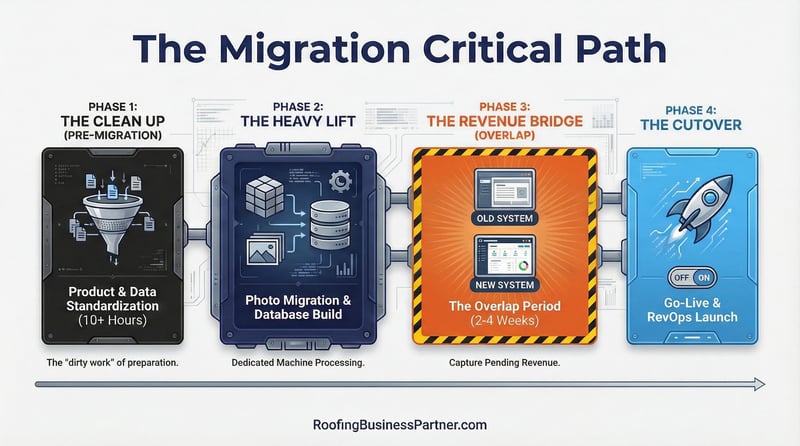 CRM data migration timeline for roofing companies - photo migration, quote overlap, product cleanup phases