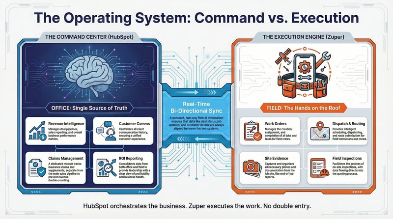 Office vs Field data architecture diagram - HubSpot CRM and Zuper field service integration boundary