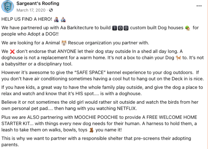 Example of a roofing company promotion Facebook post that does charity. 