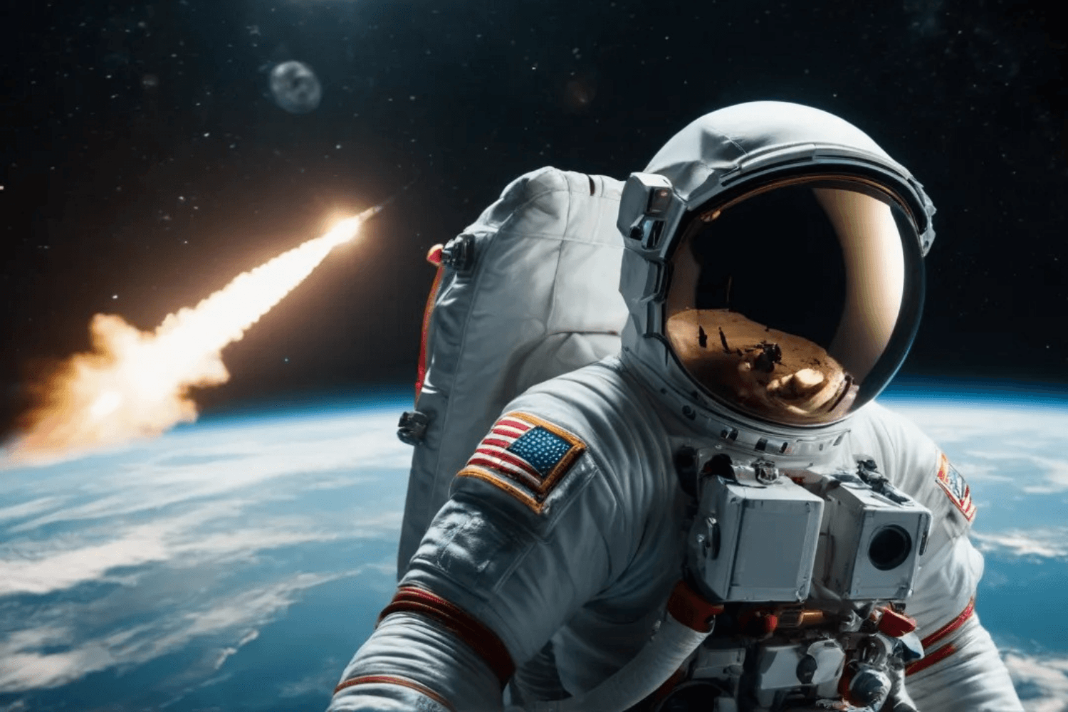 astronaut and rocket in the bg